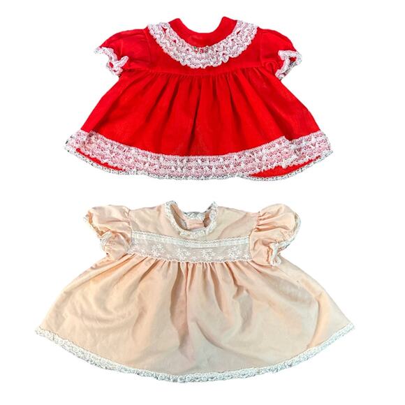 Two Vintage JCPenney Lace Baby Dresses Red And White And Peach And White - Picture 1 of 16